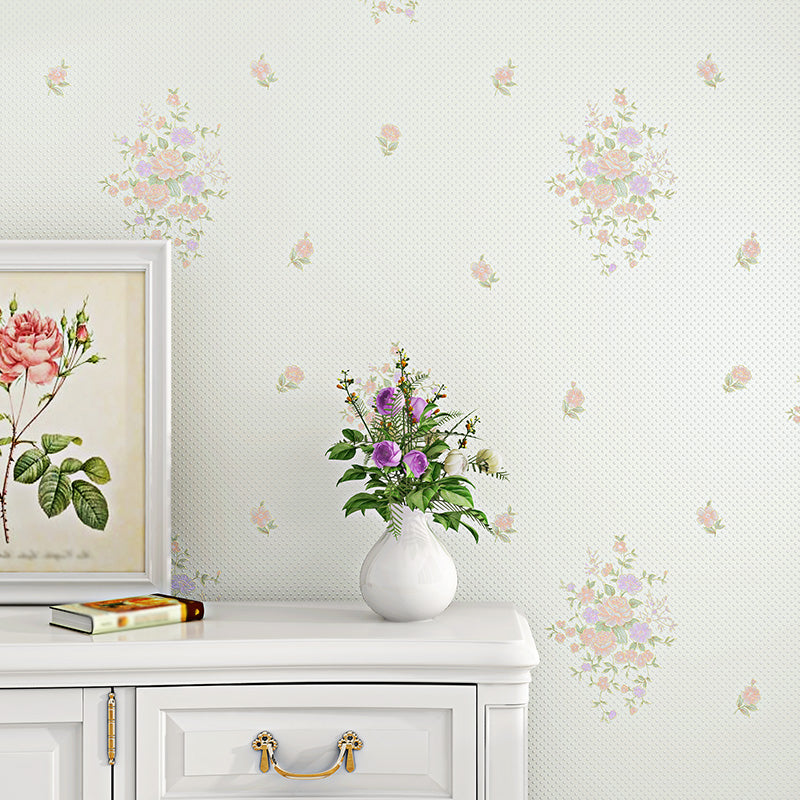 Countryside Floweret Wallpaper for Bedroom 54.2-sq ft Wall Decor in Pastel Color White Clearhalo 'Country wall decor' 'Rustic' 'Wallpaper' Wall Decor' 1392677