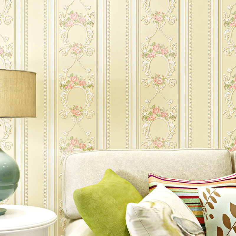 Rustic Floral Striped Wallpaper Pastel Color Stain-Proof Wall Art for Living Room Beige Clearhalo 'Country wall decor' 'Rustic' 'Wallpaper' Wall Decor' 1392706
