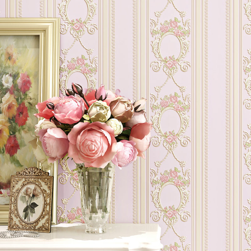 Rustic Floral Striped Wallpaper Pastel Color Stain-Proof Wall Art for Living Room Light Pink Clearhalo 'Country wall decor' 'Rustic' 'Wallpaper' Wall Decor' 1392709