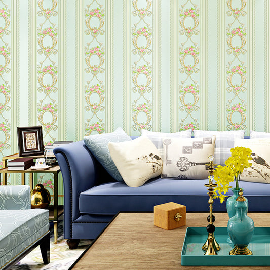 Rustic Floral Striped Wallpaper Pastel Color Stain-Proof Wall Art for Living Room Light Green