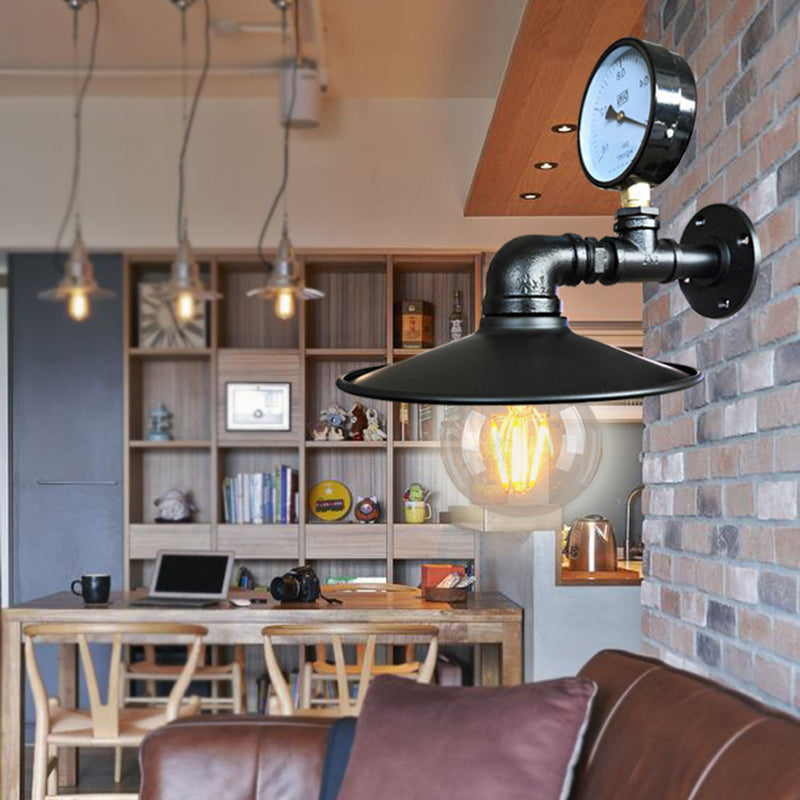 1 Bulb Flared Wall Lighting with Gauge Deco Vintage Industrial Black/Weathered Copper Metallic Sconce Lamp Black Clearhalo 'Art deco wall lights' 'Cast Iron' 'Glass' 'Industrial wall lights' 'Industrial' 'Middle century wall lights' 'Modern' 'Rustic wall lights' 'Tiffany' 'Traditional wall lights' 'Wall Lamps & Sconces' 'Wall Lights' Lighting' 139289