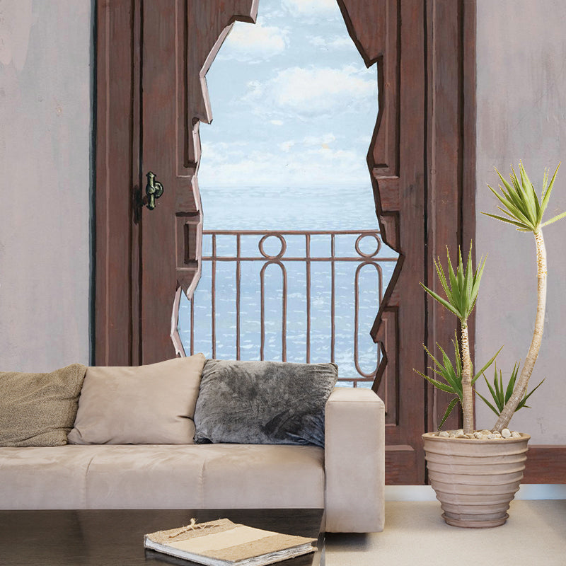 Balcony Door to Sea Mural Decal Surrealist Water Resistant Lobby Wall Art, Custom Print Clearhalo 'Wall Decor' 'Wall Mural' 1392919