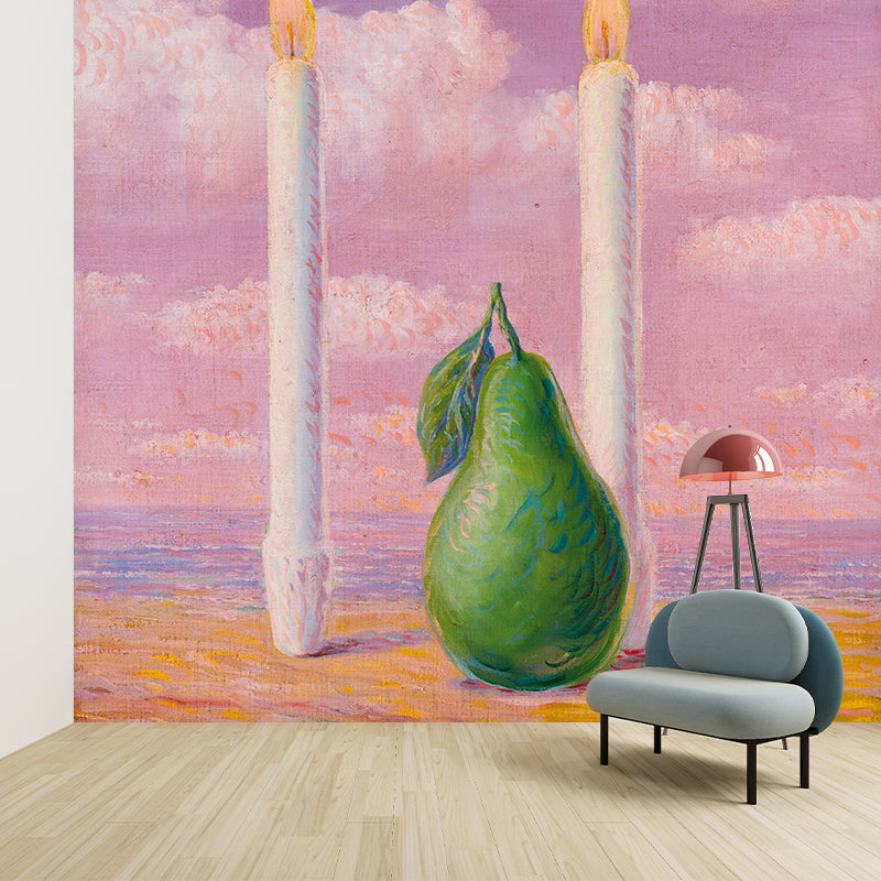 Surrealist Pear and Candle Murals Pink-Green Rene Magritte Drawing Wall Decoration Pink-Green Clearhalo 'Wall Decor' 'Wall Mural' 1392972