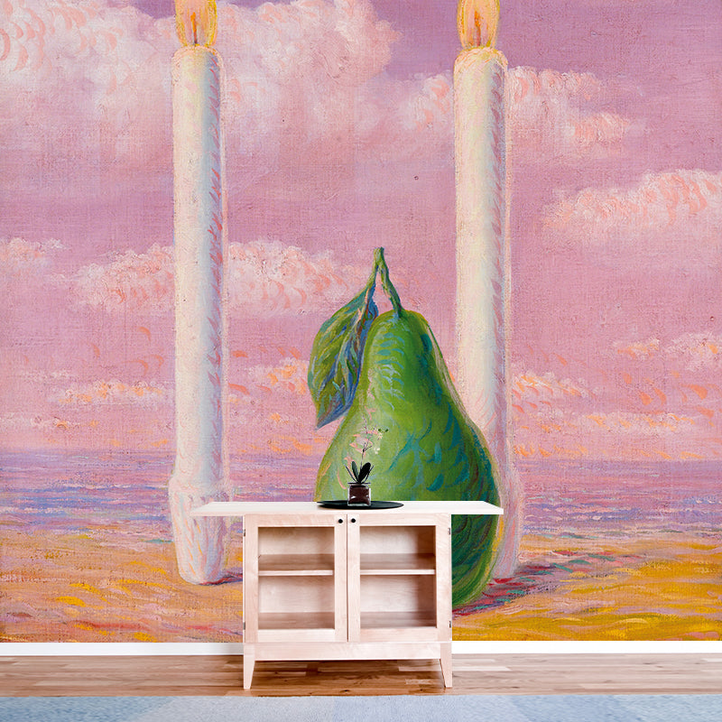 Surrealist Pear and Candle Murals Pink-Green Rene Magritte Drawing Wall Decoration Clearhalo 'Wall Decor' 'Wall Mural' 1392973
