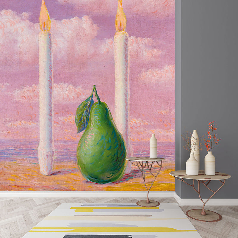 Surrealist Pear and Candle Murals Pink-Green Rene Magritte Drawing Wall Decoration Clearhalo 'Wall Decor' 'Wall Mural' 1392974