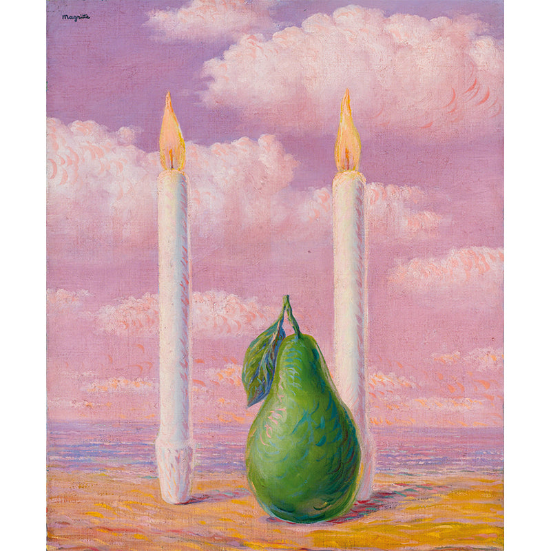 Surrealist Pear and Candle Murals Pink-Green Rene Magritte Drawing Wall Decoration Clearhalo 'Wall Decor' 'Wall Mural' 1392975