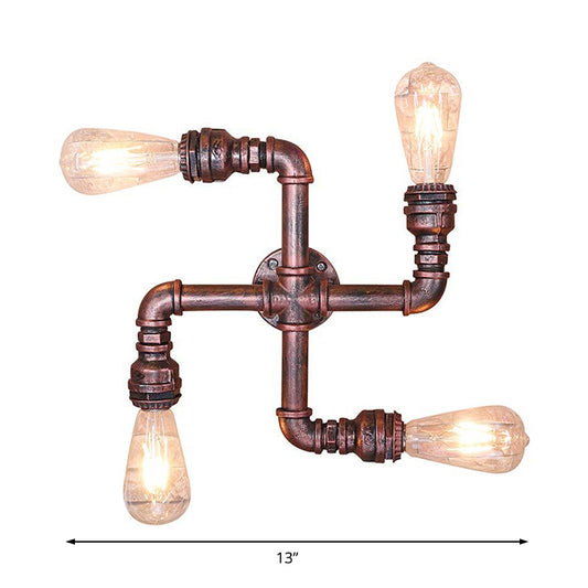 Water Pipe Wrought Iron Sconce Lamp with Exposed Bulb Industrial 4 Lights Restaurant Wall Light in Antique Copper Clearhalo 'Art deco wall lights' 'Cast Iron' 'Glass' 'Industrial wall lights' 'Industrial' 'Middle century wall lights' 'Modern' 'Rustic wall lights' 'Tiffany' 'Traditional wall lights' 'Wall Lamps & Sconces' 'Wall Lights' Lighting' 139298