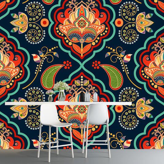 Whole Bohemian Style Mural Wallpaper Red-Orange Botanical Wall Covering, Custom Made
