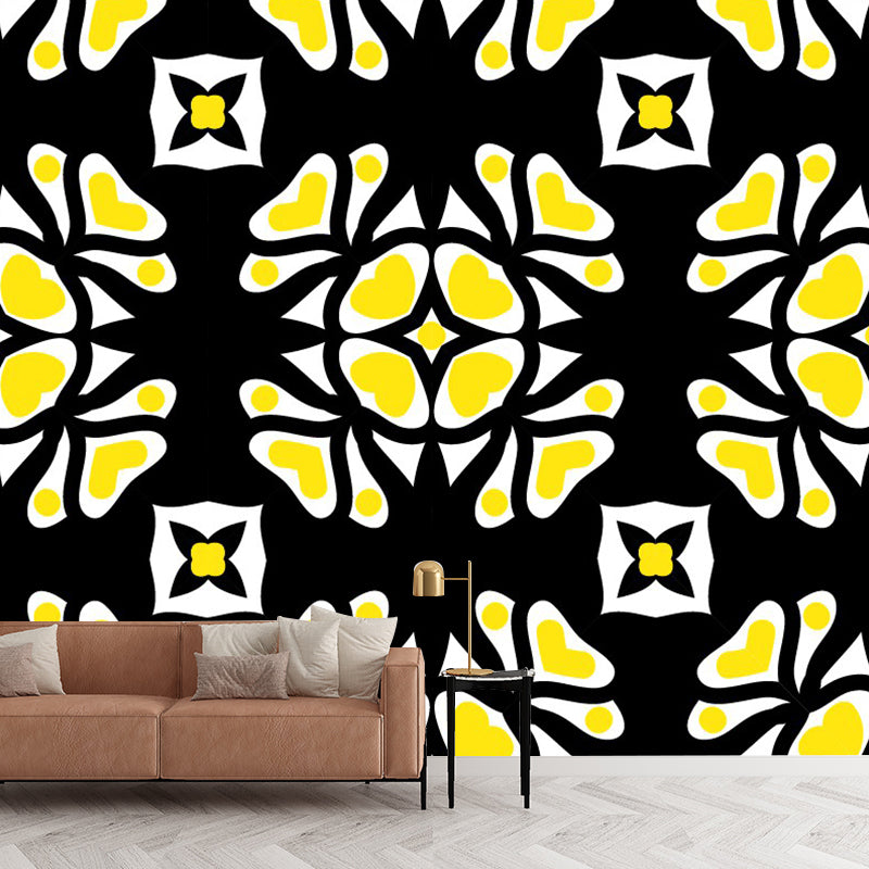 Abstract Petals Mural Wallpaper Bohemian Smooth Wall Decor in Yellow-White on Black Yellow-White custom Clearhalo 'Wall Decor' 'Wall Mural' 1393474