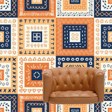 Bohemian Style Squares Wallpaper Mural Blue-Orange-Yellow Bedroom Wall Art, Custom Size