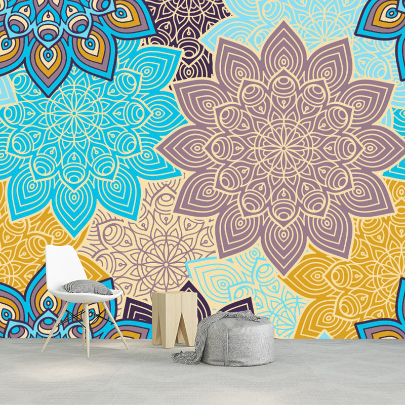 Bohemian Sunflower Print Murals Wallpaper Multicolored Living Room Wall Covering, Optional Size Blue-Purple-Yellow Clearhalo 'Wall Decor' 'Wall Mural' 1393522