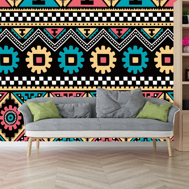 Seamless Tribal Stripe Mural Wallpaper Red-Yellow-Green Bohemian Wall Decor for Home Clearhalo 'Wall Decor' 'Wall Mural' 1393554