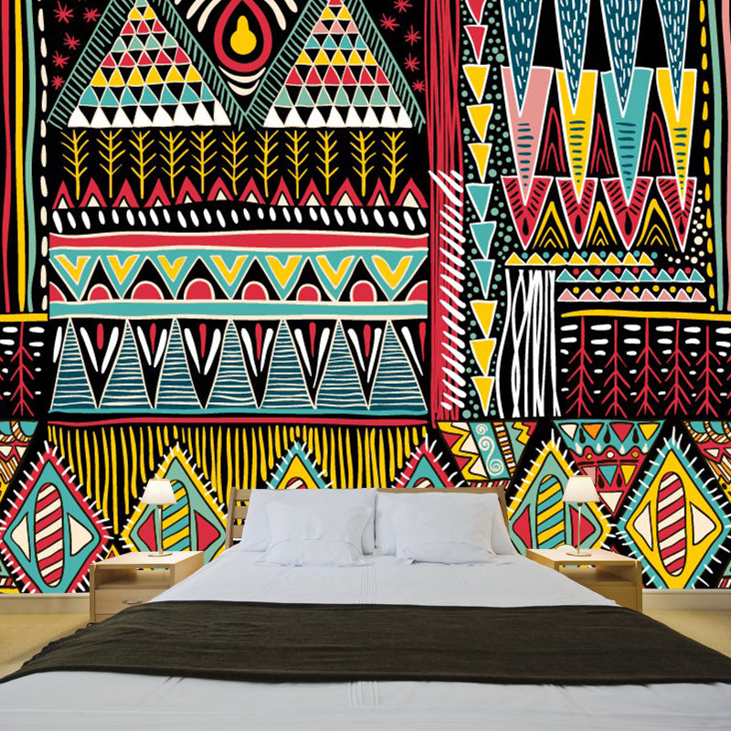Boho Tribal Symbol Wall Mural Red-Yellow-Green Geometry Wall Covering for Bedroom Clearhalo 'Wall Decor' 'Wall Mural' 1393604