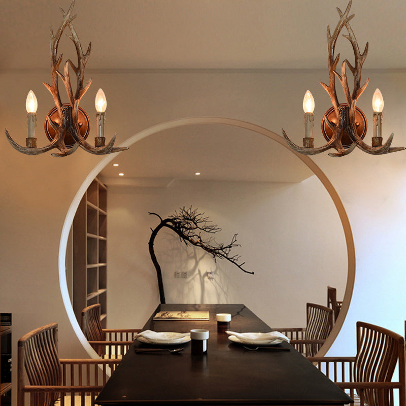 Open Bulb Wall Lamp with Deer Horn Resin 1 Light Lodge Country Sconce Light for Kitchen Brown Clearhalo 'Industrial wall lights' 'Industrial' 'Middle century wall lights' 'Tiffany' 'Wall Lamps & Sconces' 'Wall Lights' Lighting' 139361