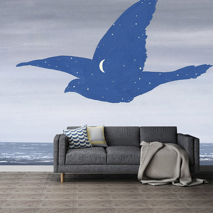 Surrealistic Sea Gull Wallpaper Murals Grey-Blue Moisture Resistant Wall Covering for Bedroom Gray-Blue Clearhalo 'Wall Decor' 'Wall Mural' 1393652
