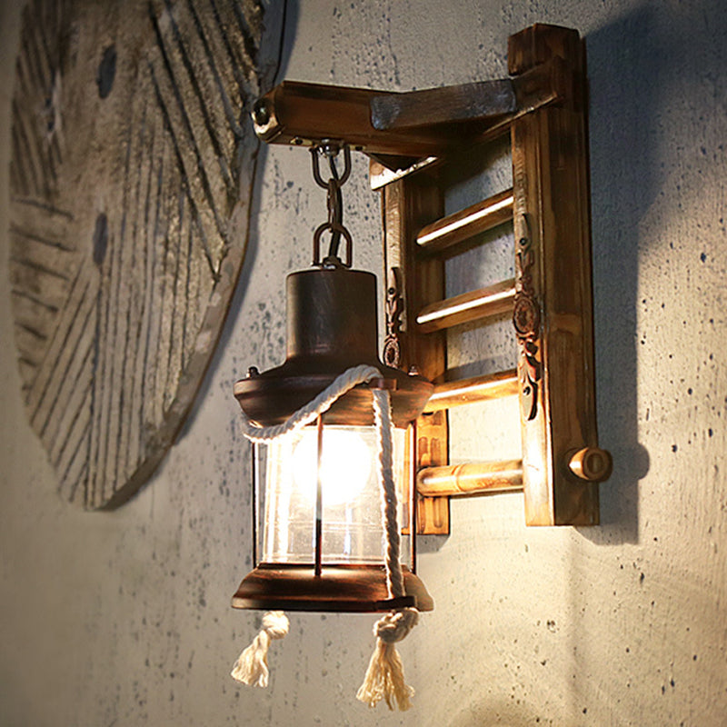 Antique Copper Cylinder Wall Lighting Vintage Clear Glass 1 Light Porch Sconce Light with Cage and Wooden Backplate Weathered Copper Clearhalo 'Industrial wall lights' 'Industrial' 'Middle century wall lights' 'Tiffany' 'Wall Lamps & Sconces' 'Wall Lights' Lighting' 139399