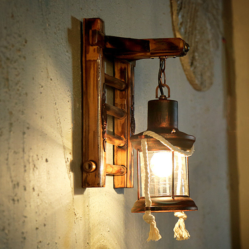 Antique Copper Cylinder Wall Lighting Vintage Clear Glass 1 Light Porch Sconce Light with Cage and Wooden Backplate Clearhalo 'Industrial wall lights' 'Industrial' 'Middle century wall lights' 'Tiffany' 'Wall Lamps & Sconces' 'Wall Lights' Lighting' 139400