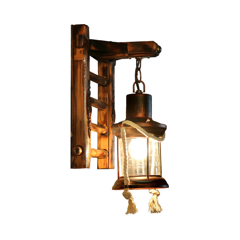 Antique Copper Cylinder Wall Lighting Vintage Clear Glass 1 Light Porch Sconce Light with Cage and Wooden Backplate Clearhalo 'Industrial wall lights' 'Industrial' 'Middle century wall lights' 'Tiffany' 'Wall Lamps & Sconces' 'Wall Lights' Lighting' 139401
