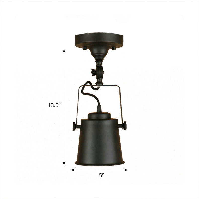 Bucket Shade Living Room Ceiling Lamp Antique Style Metal 1 Bulb Black/Rust Rotatable Semi Flush Pendant Light Clearhalo 'Ceiling Lights' 'Close To Ceiling Lights' 'Close to ceiling' 'Semi-flushmount' Lighting' 139463
