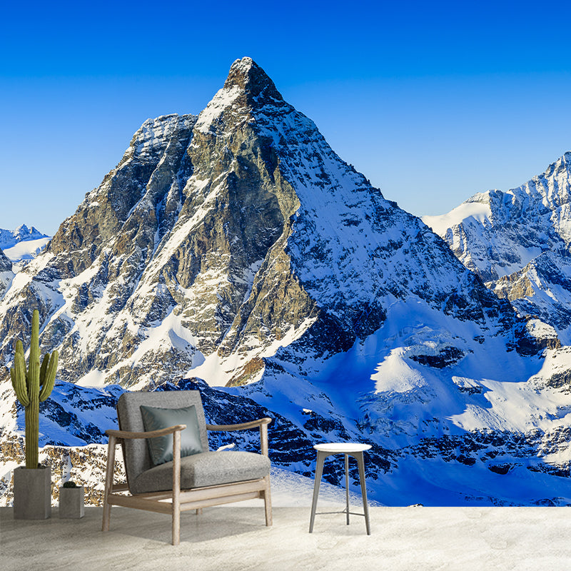 Snowy Rock Mountain Wallpaper Murals Contemporary Washable Living Room Wall Covering, Custom Print Blue-White Clearhalo 'Wall Decor' 'Wall Mural' 1394795