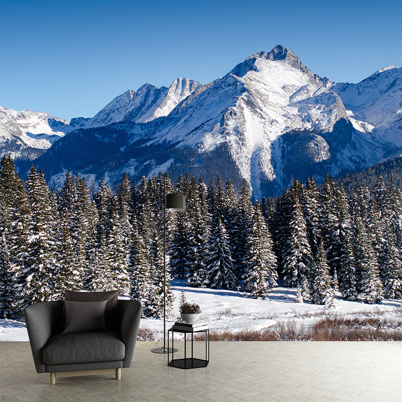 Winter Mountain Pine Trees Mural Modern Style Non-Woven Wall Decor in Blue-White Clearhalo 'Wall Decor' 'Wall Mural' 1394800