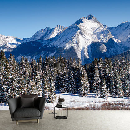 Winter Mountain Pine Trees Mural Modern Style Non-Woven Wall Decor in Blue-White Clearhalo 'Wall Decor' 'Wall Mural' 1394800