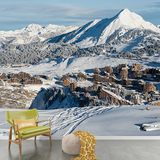Grey-White Contemporary Mural Decal Large Mountain Village after Snowfall Wall Art for Home