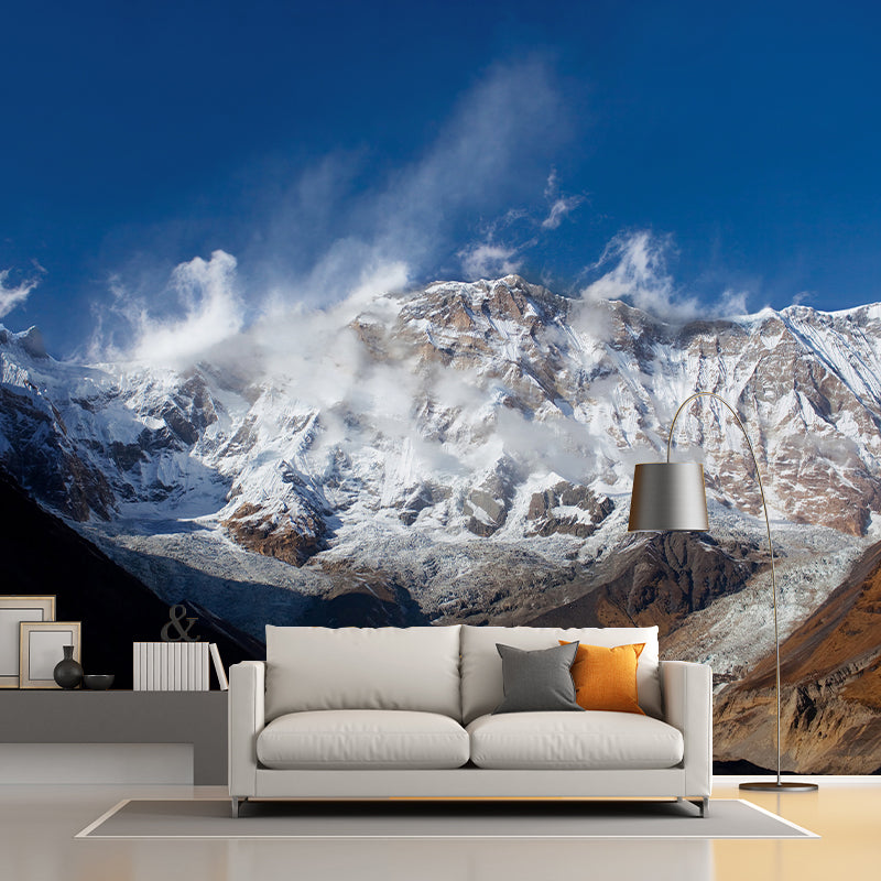 Non-Woven Stain Resistant Mural Modern Winter Rock Mountain Wall Art in Blue-White-Brown Clearhalo 'Wall Decor' 'Wall Mural' 1394907