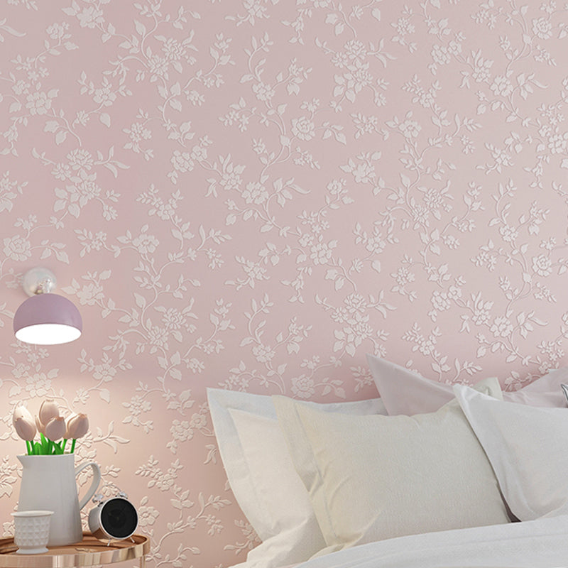 Flower Printed Wallpaper Roll Rustic Semi-Gloss Wall Covering in Pastel Color for Girls Room Pink Clearhalo 'Country wall decor' 'Rustic' 'Wallpaper' Wall Decor' 1395483