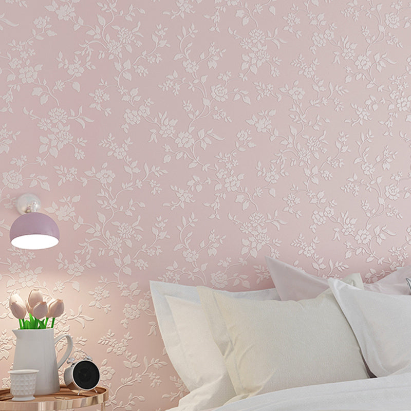 Flower Printed Wallpaper Roll Rustic Semi-Gloss Wall Covering in Pastel Color for Girls Room Pink Clearhalo 'Country wall decor' 'Rustic' 'Wallpaper' Wall Decor' 1395483