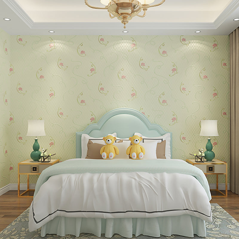 Rural Flower Lotus Wallpaper Roll Soft Color Stain Resistant Wall Art for Bedroom Clearhalo 'Country wall decor' 'Rustic' 'Wallpaper' Wall Decor' 1395511