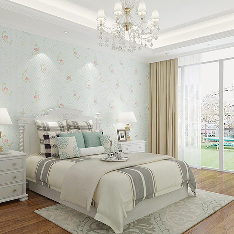 Rural Flower Lotus Wallpaper Roll Soft Color Stain Resistant Wall Art for Bedroom Light Blue Clearhalo 'Country wall decor' 'Rustic' 'Wallpaper' Wall Decor' 1395515