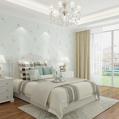 Rural Flower Lotus Wallpaper Roll Soft Color Stain Resistant Wall Art for Bedroom Light Blue Clearhalo 'Country wall decor' 'Rustic' 'Wallpaper' Wall Decor' 1395515