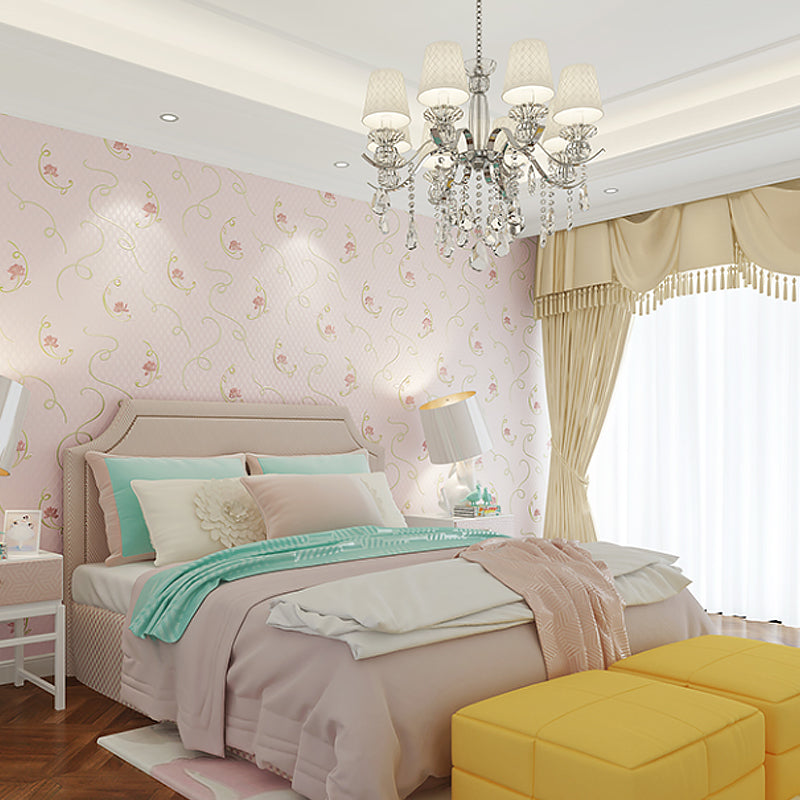 Rural Flower Lotus Wallpaper Roll Soft Color Stain Resistant Wall Art for Bedroom Light Pink Clearhalo 'Country wall decor' 'Rustic' 'Wallpaper' Wall Decor' 1395519