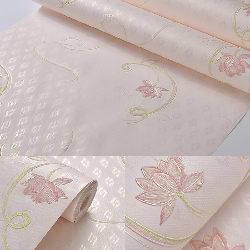 Rural Flower Lotus Wallpaper Roll Soft Color Stain Resistant Wall Art for Bedroom Clearhalo 'Country wall decor' 'Rustic' 'Wallpaper' Wall Decor' 1395521