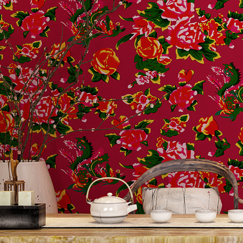 Big Peony Blossom Wallpaper Rustic Washable Living Room Wall Art, 33' L x 20.5" W Red Clearhalo 'Country wall decor' 'Rustic' 'Wallpaper' Wall Decor' 1395546