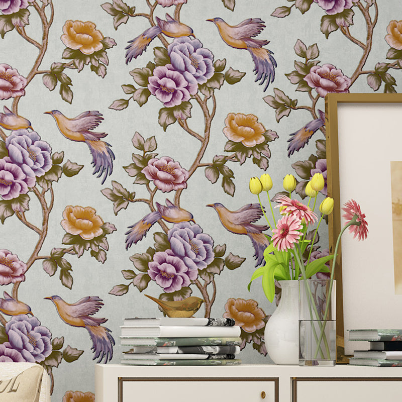 Bird and Peonies Print Wallpaper Dark Color Countryside Wall Covering for Living Room Purple Clearhalo 'Country wall decor' 'Rustic' 'Wallpaper' Wall Decor' 1395719