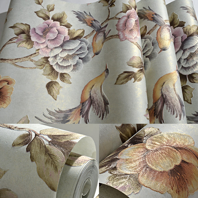 Bird and Peonies Print Wallpaper Dark Color Countryside Wall Covering for Living Room Clearhalo 'Country wall decor' 'Rustic' 'Wallpaper' Wall Decor' 1395720
