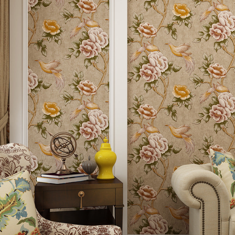 Bird and Peonies Print Wallpaper Dark Color Countryside Wall Covering for Living Room Light Brown Clearhalo 'Country wall decor' 'Rustic' 'Wallpaper' Wall Decor' 1395722