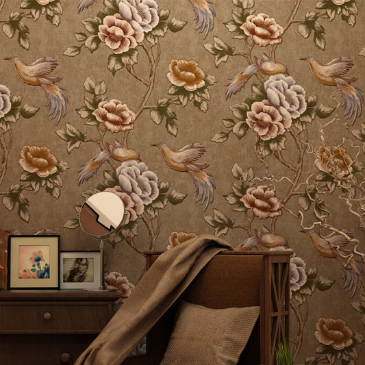 Bird and Peonies Print Wallpaper Dark Color Countryside Wall Covering for Living Room Dark Brown Clearhalo 'Country wall decor' 'Rustic' 'Wallpaper' Wall Decor' 1395725