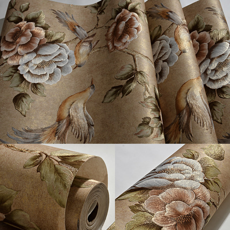 Bird and Peonies Print Wallpaper Dark Color Countryside Wall Covering for Living Room Clearhalo 'Country wall decor' 'Rustic' 'Wallpaper' Wall Decor' 1395726