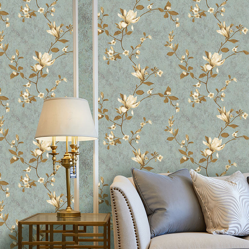 Non-Woven Unpasted Wallpaper Countryside Magnolia Print Wall Covering for Living Room Gray-Green Clearhalo 'Country wall decor' 'Rustic' 'Wallpaper' Wall Decor' 1395790