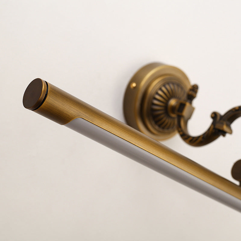 Metallic Tubular Wall Sconce Vintage Style 14"/18" W LED Vanity Wall Light with Curved Arm in Brass for Bathroom Clearhalo 'Cast Iron' 'Glass' 'Industrial' 'Modern wall lights' 'Modern' 'Tiffany' 'Traditional wall lights' 'Vanity Lights' 'Wall Lights' Lighting' 139606