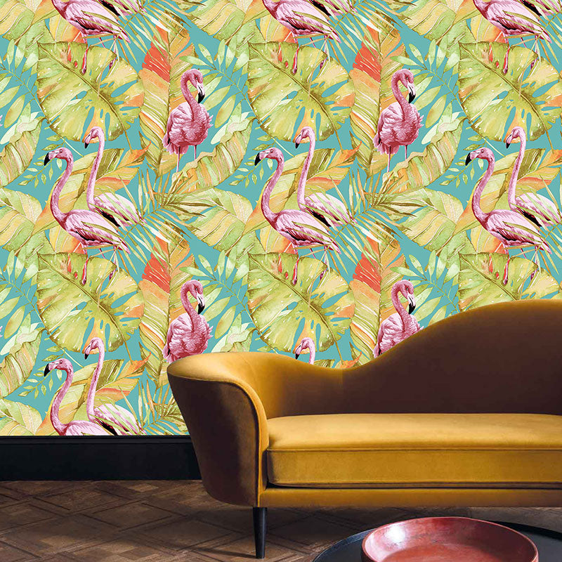 Tropical Botanix Flamingo Wallpaper Dark Color Stain Proof Wall Covering for Home Green Clearhalo 'Tropical wall decor' 'Tropical' 'Wallpaper' Wall Decor' 1396245