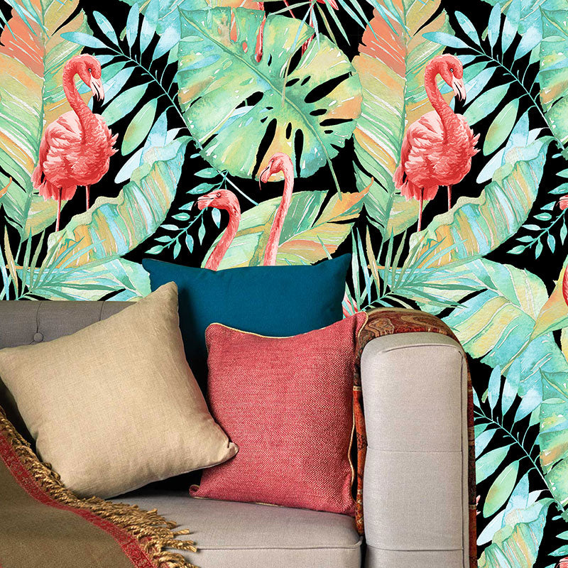 Tropical Botanix Flamingo Wallpaper Dark Color Stain Proof Wall Covering for Home Black Clearhalo 'Tropical wall decor' 'Tropical' 'Wallpaper' Wall Decor' 1396248