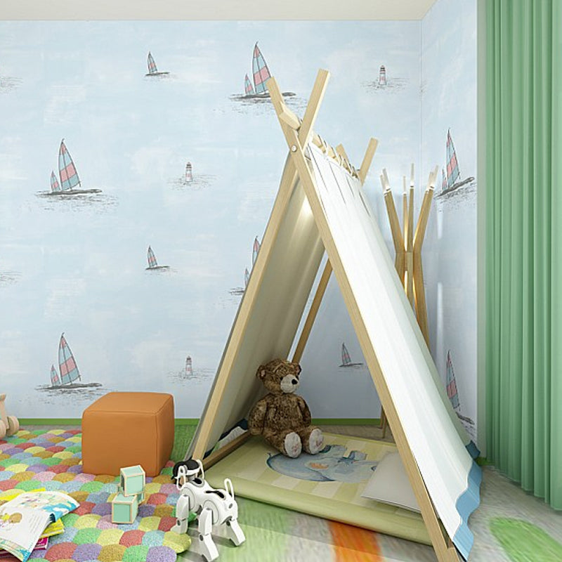 Nautical Sailboat Wallpaper Roll Novelty Smooth Wall Decor for Childrens Playroom Light Blue Clearhalo 'Wall Decor' 'Wallpaper' 1396492