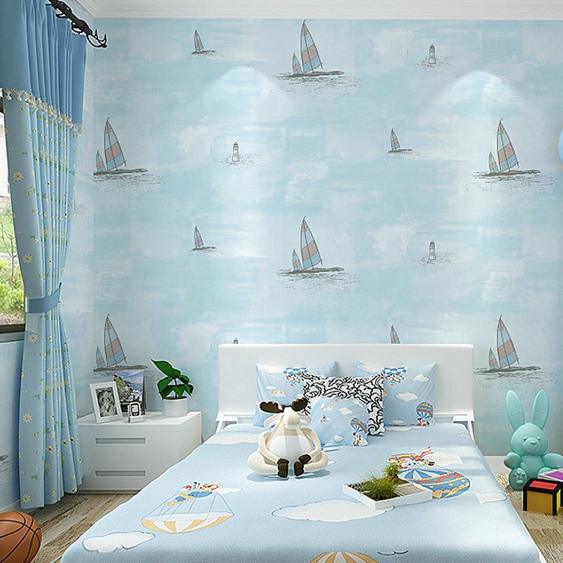 Nautical Sailboat Wallpaper Roll Novelty Smooth Wall Decor for Childrens Playroom Dark Blue Clearhalo 'Wall Decor' 'Wallpaper' 1396496