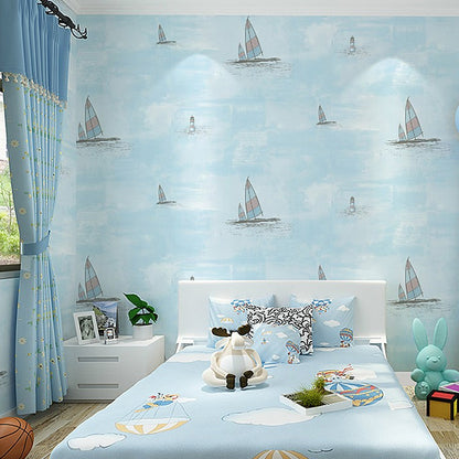 Nautical Sailboat Wallpaper Roll Novelty Smooth Wall Decor for Childrens Playroom Dark Blue Clearhalo 'Wall Decor' 'Wallpaper' 1396496