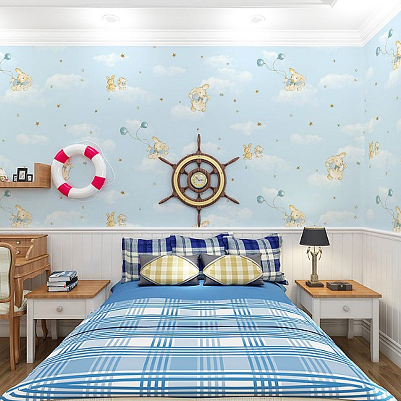 Rabbit with Balloons Patterned Wallpaper Pastel Color Novelty Wall Art for Kindergarten Light Blue Clearhalo 'Wall Decor' 'Wallpaper' 1396522