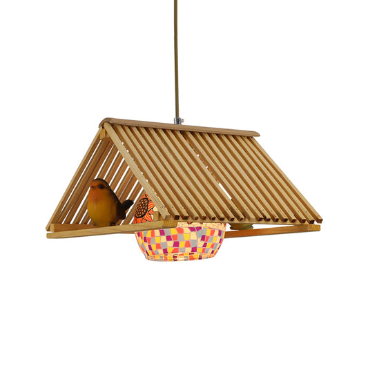 Roof Shaped Hanging Pendant Light Modern Style Wood 1/2-Head Beige Hanging Light Fixture, 16"/19.5" W Clearhalo 'Ceiling Lights' 'Island Lights' Lighting' 139705